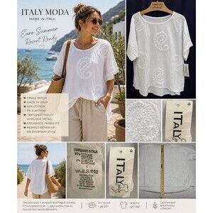 NWT Italy Moda Made In Italy White Cotton Top Euro Summer Resort Lagenlook M/L